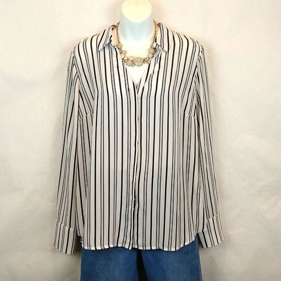 Worthington black/white striped sheer long sleeve button down women's top - Picture 1 of 7